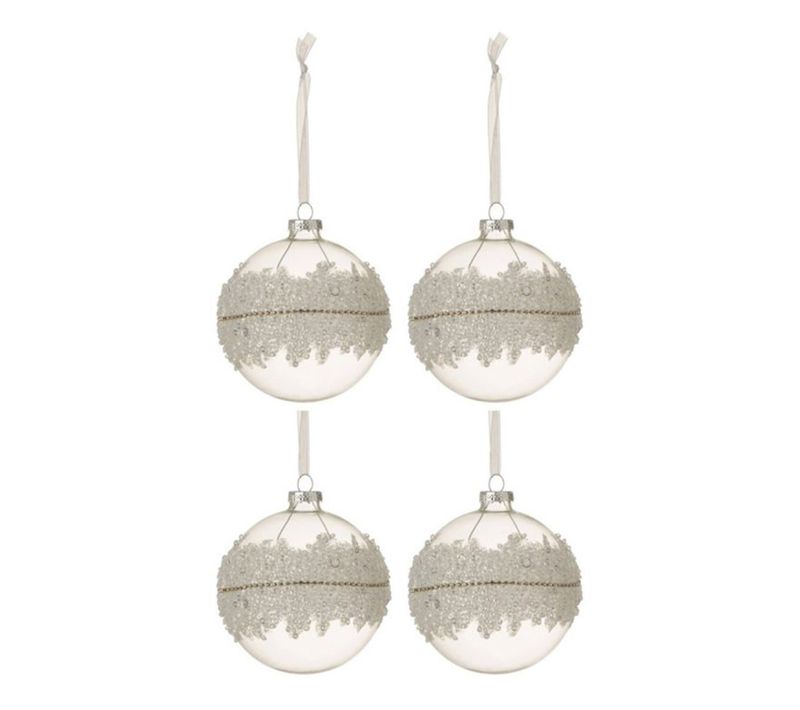 Lot De 4 Boules De Noël "glace" 10cm Blanc et Argent