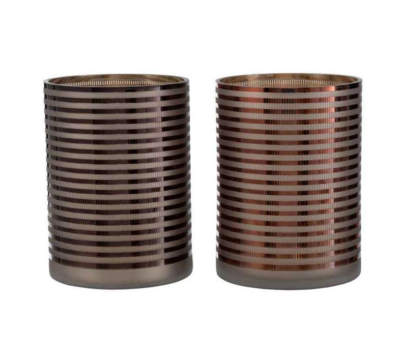 Lot De 2 Photophores "verre Rayé" 24cm Marron