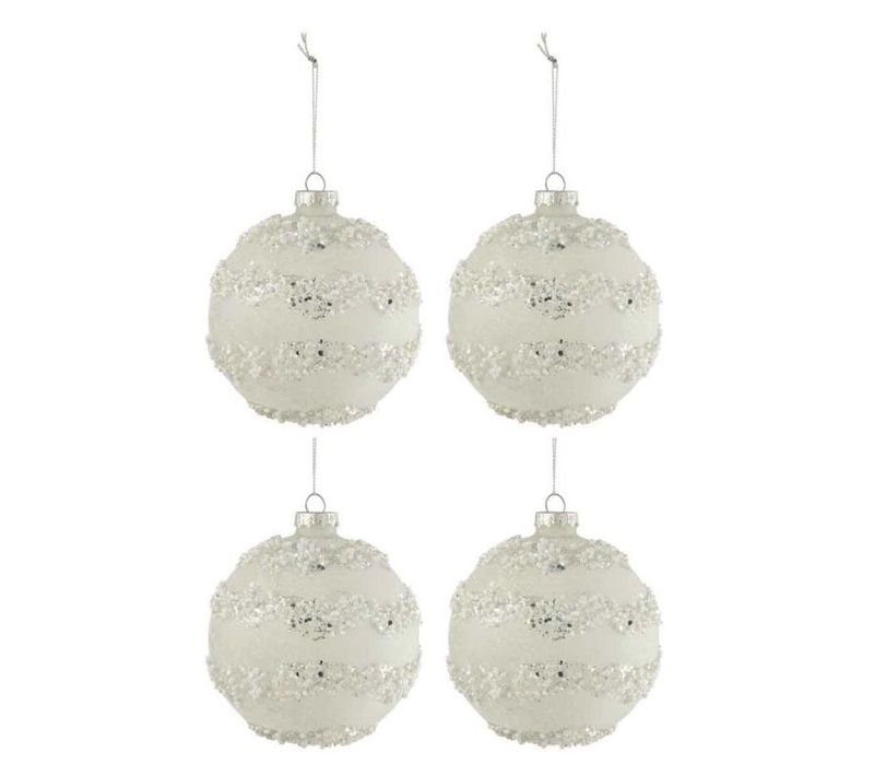 Lot De 4 Boules De Noël "lignes Paillettes" 10cm Blanc