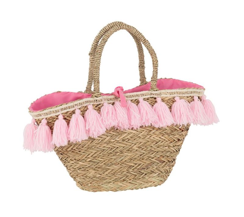 Sac De Plage "pompons" 50cm Naturel et Rose