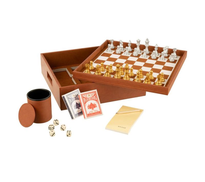 Boîte Jeux De Cartes et Échiquier "ezra" 35cm Cognac