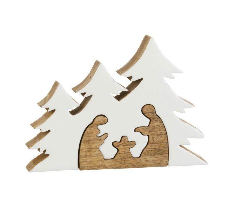 Crèche De Noël et Sapins "puzzle" 25cm Blanc et Naturel