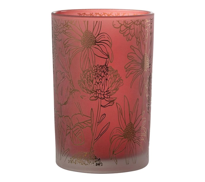 Photophore Déco En Verre Mat "fleurs" 18cm Rouge