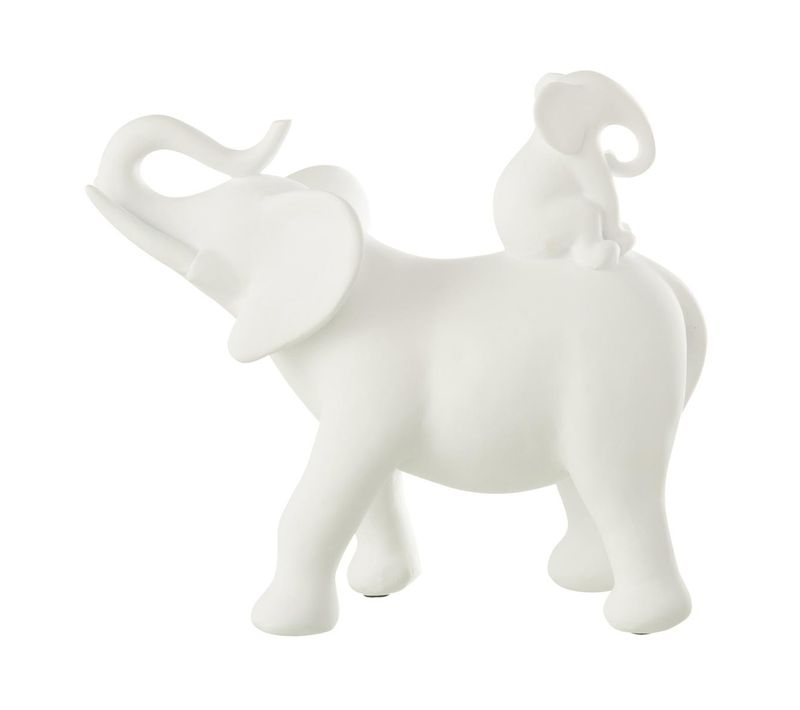 Statuette Éléphant Avec Bébé "burl" 26cm Blanc