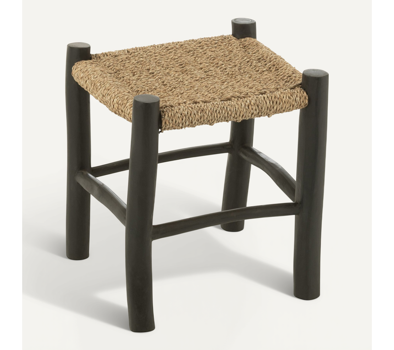 Tabouret Carré En Bois De Teck Et Jonc De Mer - 40x40x45 Cm - Noir
