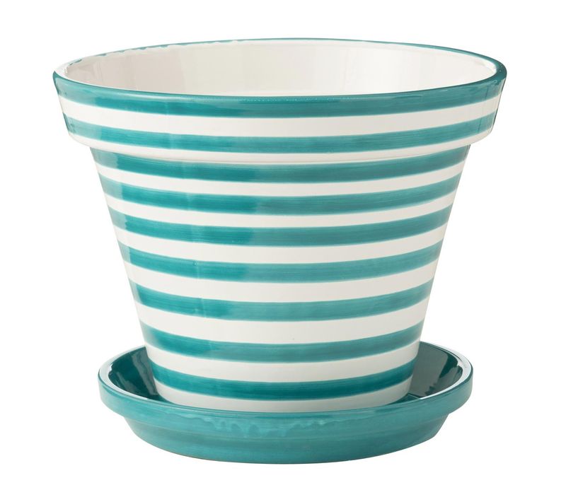 Pot Avec Soucoupe En Céramique "granada Rayure" 50cm Bleu Aqua