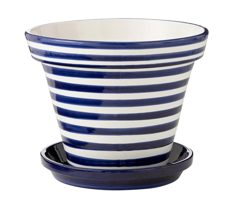 Pot Avec Soucoupe En Céramique "granada Rayure" 50cm Bleu Cobalt
