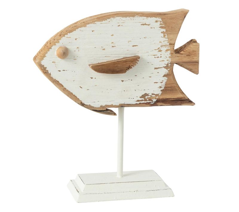 Statuette Poisson Sur Pied "boli" 28cm Naturel et Blanc