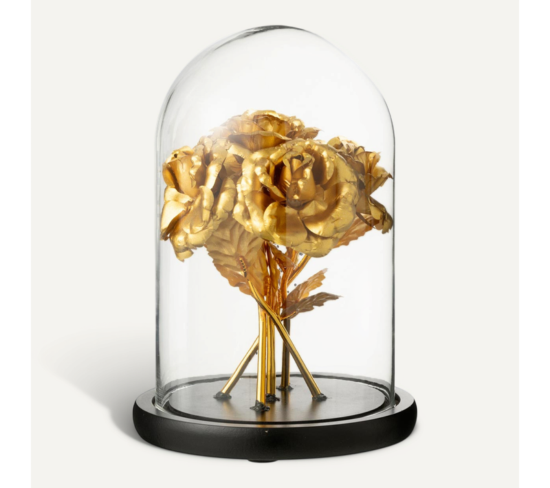 Cloche Déco En Verre "bouquet De Roses" 26cm Doré