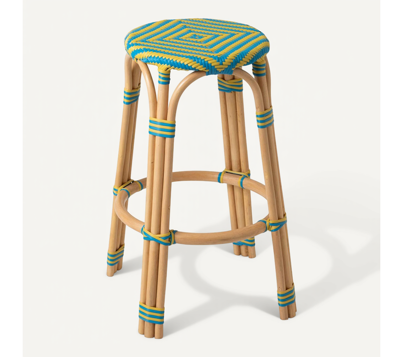 Tabouret De Bar En Rotin "geo" 66cm Jaune et Bleu