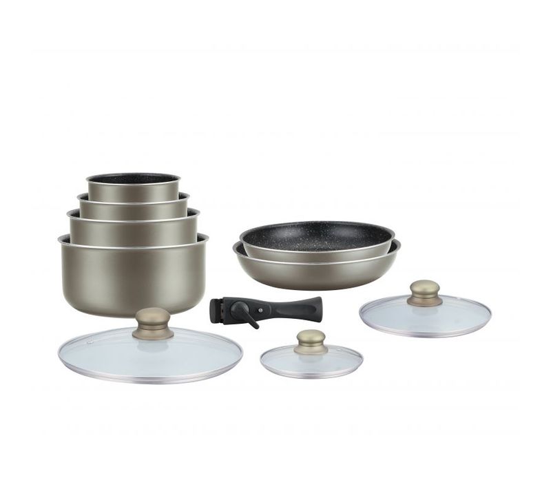 Batterie De Cuisine Revetement Pierre Avec Manche Amovible 10 Pieces Carbon  Hg5000-car