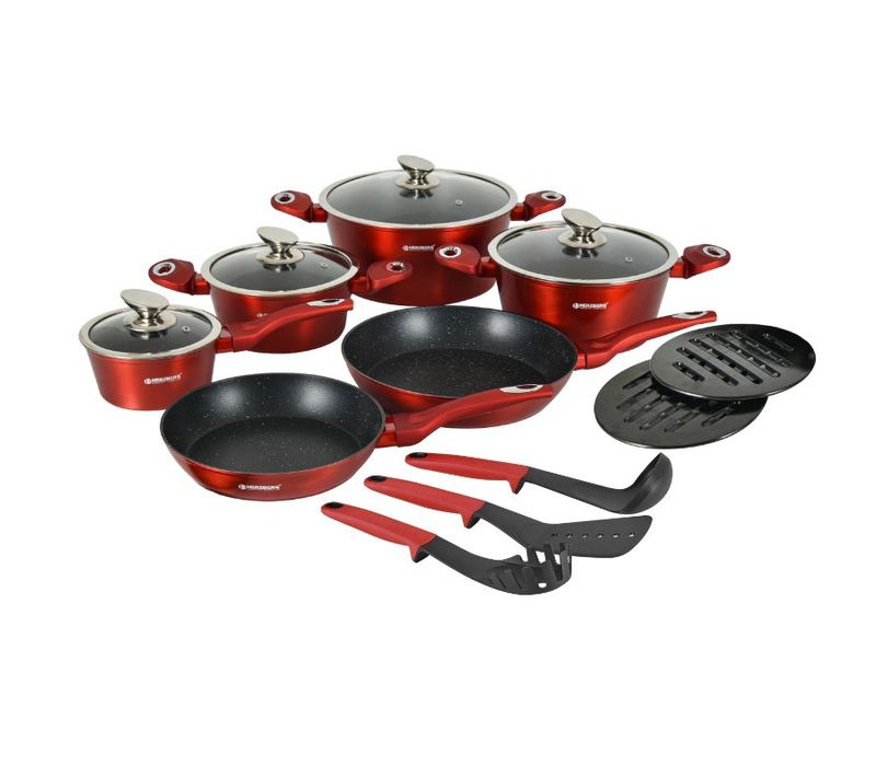 Batterie De Cuisine 15 Pièces Avec Revêtement En Marbre Rouge  Hgmetrd15-red