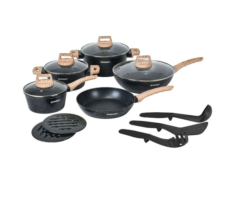 Batterie De Cuisine 14 Pièces Avec Revêtement En Granit Et Manche En Bois Noir  Hgwdmrb14-blk
