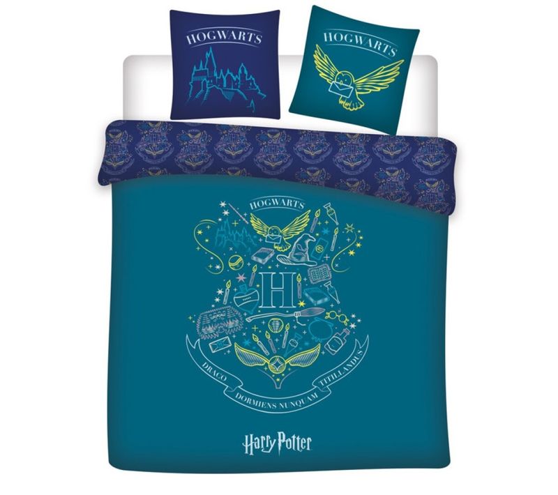 Parure De Lit Double Réversible Harry Potter - Blason -hogwarts- - Bleue Et Vert - 220 Cm X 240 Cm