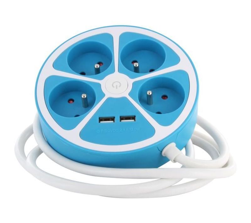 Multiprise Design Circulaire - 4x16 à - Cordon 1,5 M - Avec 2 USB-a + Interrupteur - Bleu