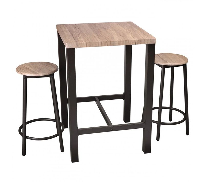 Ensemble De Table De Bar Carrée 60 X 60 X 86 Cm + 2 Tabourets En Bois Struture En Métal Noir
