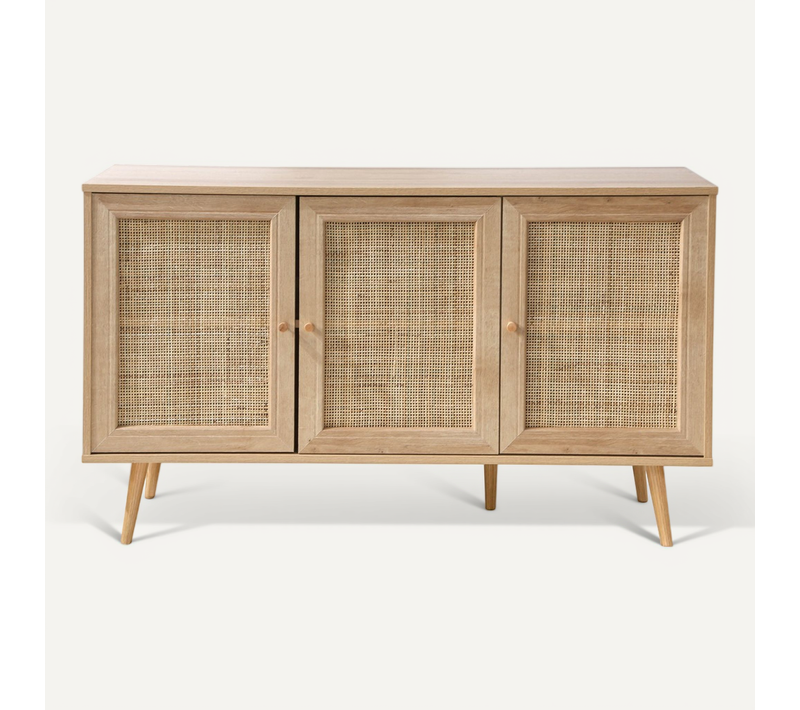 Buffet 3 Portes Avec Cannage Rotin Et Décor Bois - L120 Cm