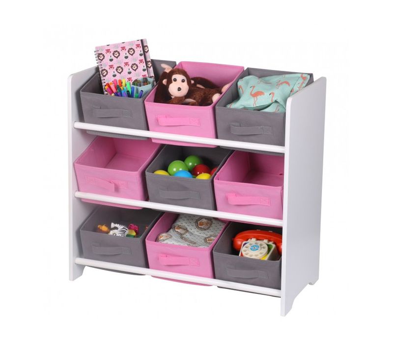 Meuble Rangement Chambre Enfant Blanche Avec 9 Paniers Roses Et Gris