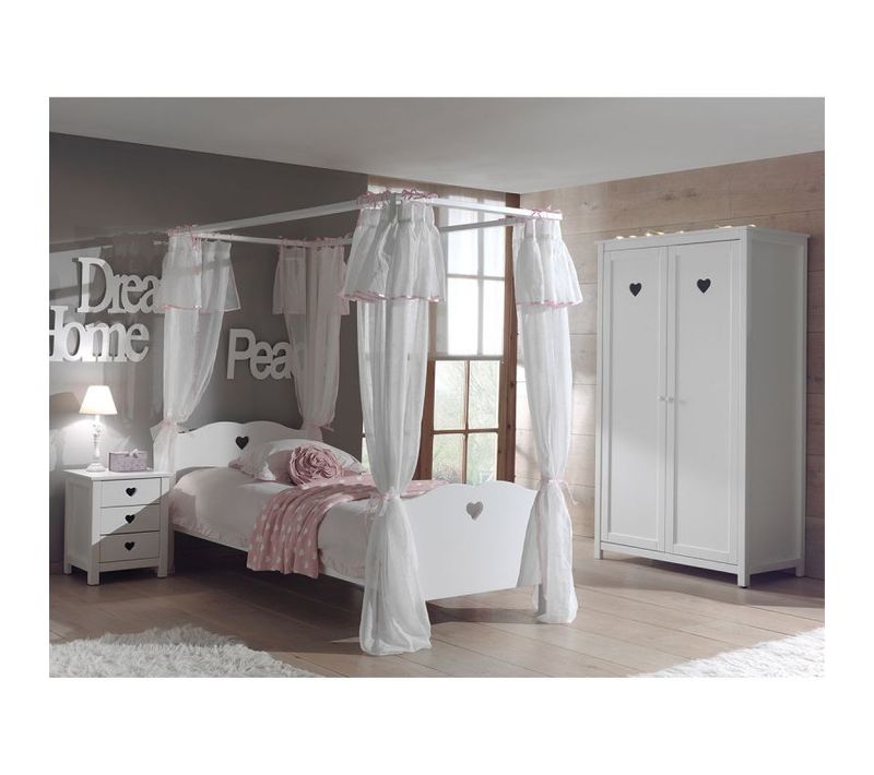 Pack - Lit à Baldaquin Enfant, Chevet, Armoire et Voile "amori" Blanc