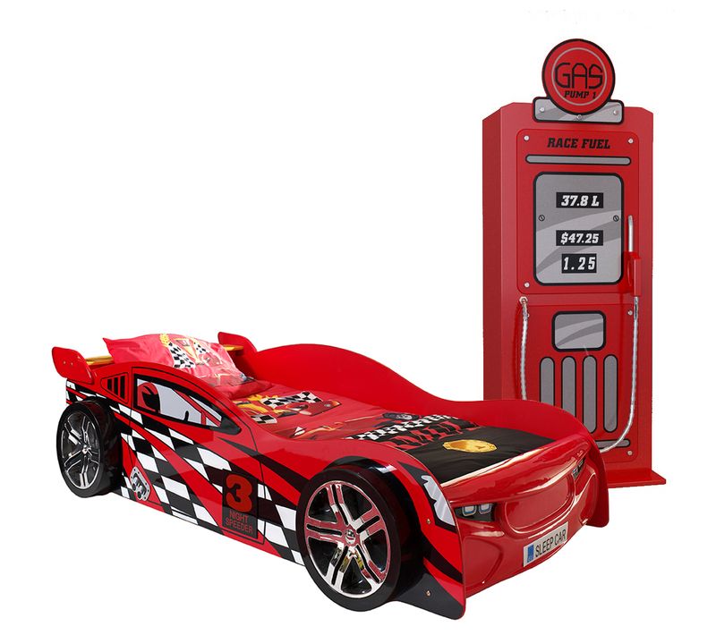 Lit 90x200 Night Speeder Sommier Inclus Et Armoire 1 Porte Pompe à Essence Car Beds - Rouge