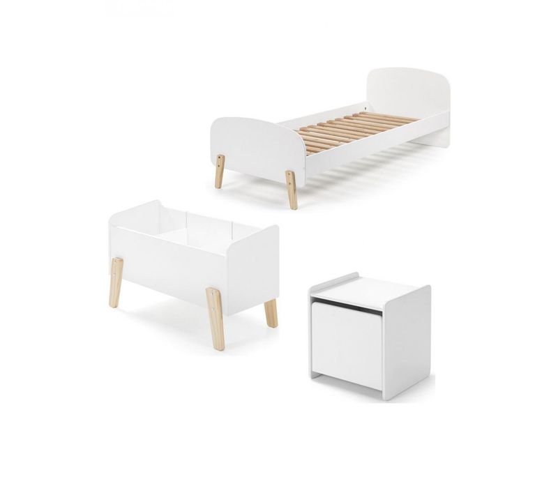 Lit 90x200 - Chevet 1 Porte Et Coffre à Jouets Kiddy - Blanc