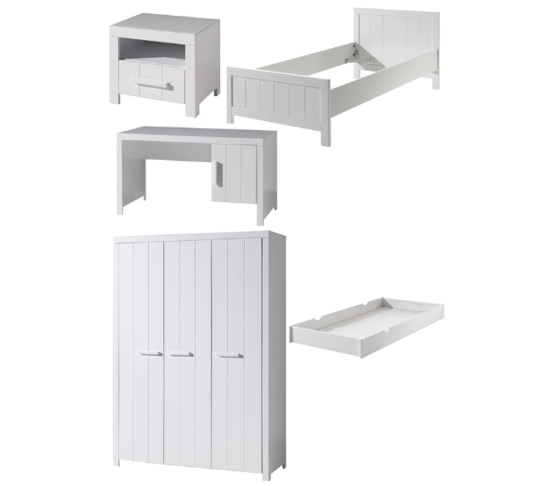 Erik  Lit Simple 90x200 + Bureau + Chevet + Armoire 3 Portes+ Lit Gigogne