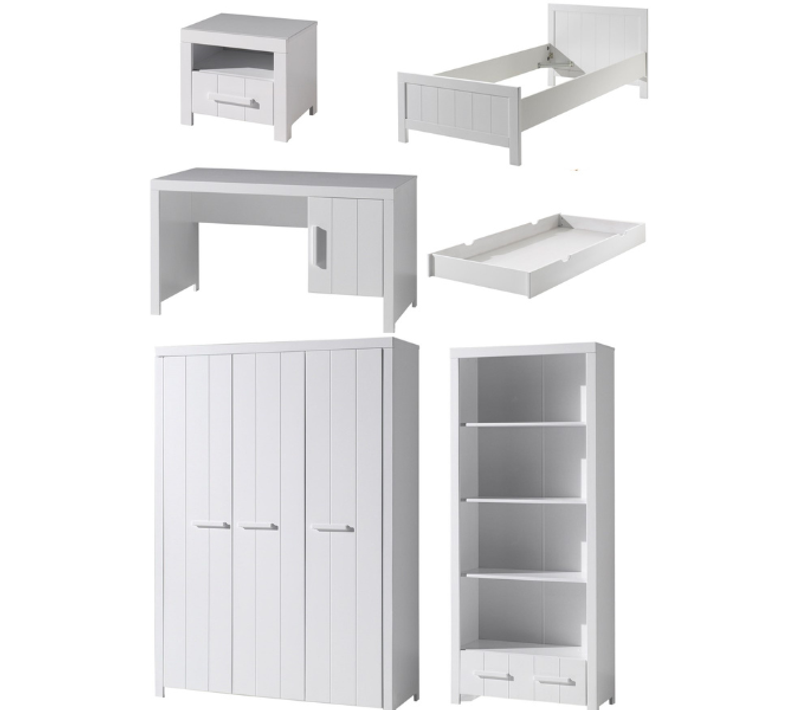 Erik  Lit Simple 90x200 + Lit Gigogne + Chevet + Bureau + Armoire 3 Portes + Bibliothèque
