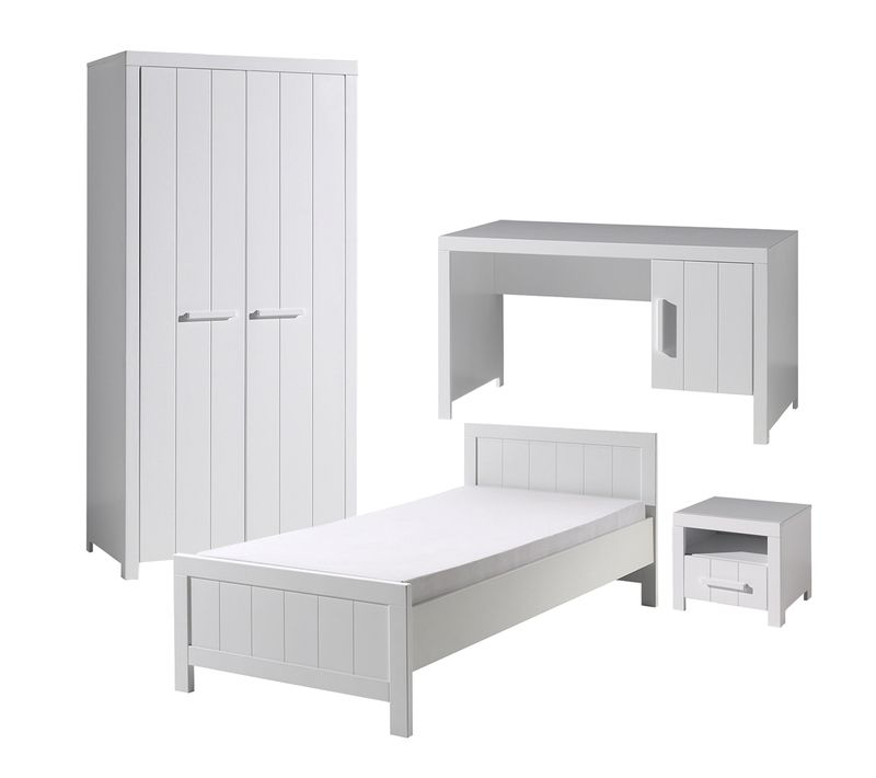 Lit 90x200 - Chevet 1 Tiroir - Armoire 2 Portes Et Bureau Erik - Blanc