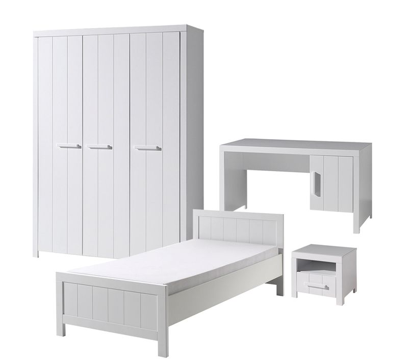 Lit 90x200 - Chevet 1 Tiroir - Armoire 3 Portes Et Bureau Erik - Blanc