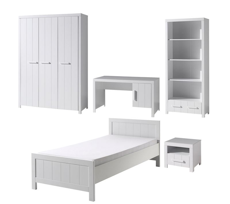 Lit 90x200 - Chevet 1 Tiroir - Armoire 3 Portes - Bureau Et Bibliothèque Erik - Blanc