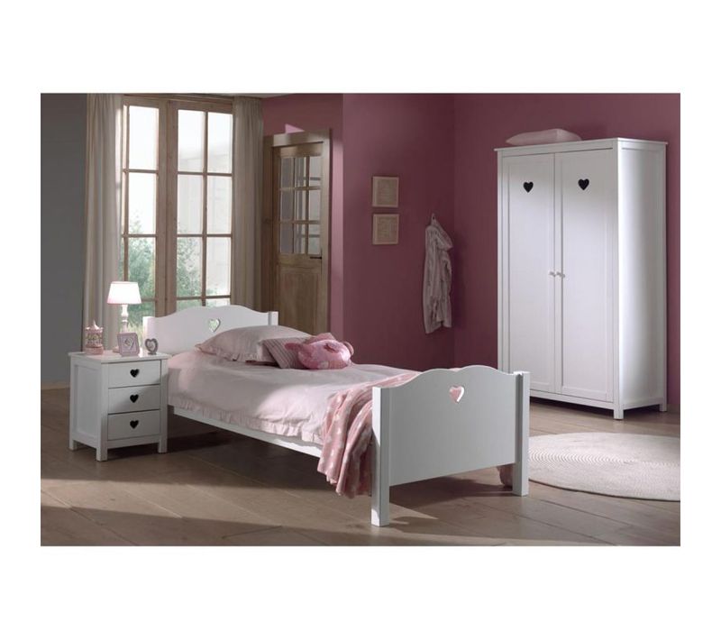 Lit 90x200 - Chevet 3 Tiroirs Et Armoire 2 Portes Amori - Blanc