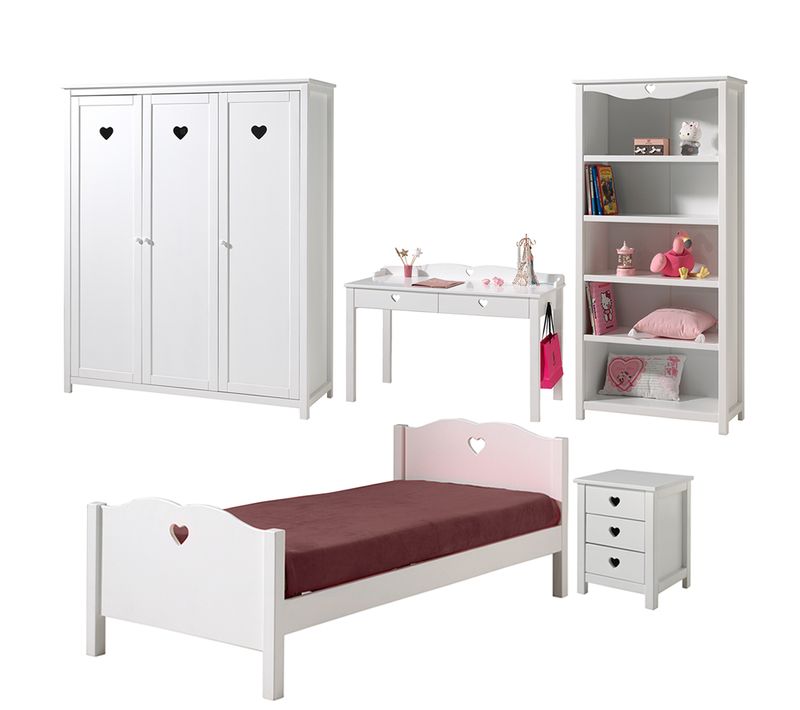 Lit 90x200 - Chevet 3 Tiroirs - Armoire 3 Portes - Bureau Et Bibliothèque Amori - Blanc