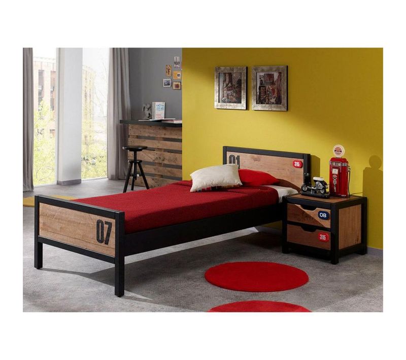 Lit 90x200 Sommier Inclus Et Chevet 2 Tiroirs Alex - Noir Et Bois