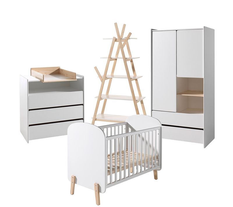 Lit Bébé 60x120 - Commode 3 Tiroirs - Armoire 2 Portes Et Bibliothèque Kiddy - Blanc
