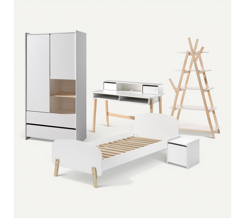 Lit 90x200 - Chevet 1 Porte - Armoire 2 Portes - Bureau Et Bibliothèque Kiddy - Blanc