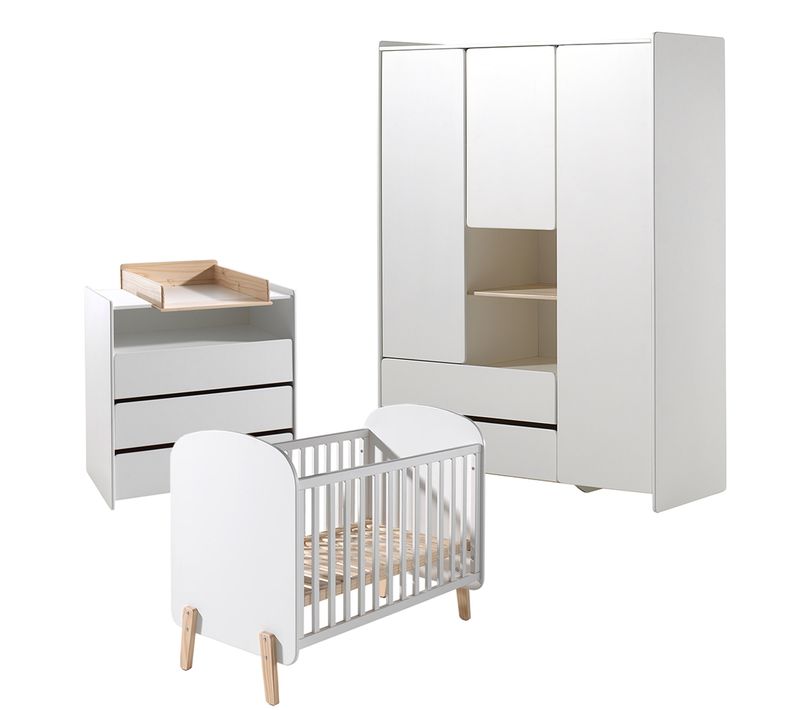 Lit Bébé 60x120 - Commode 3 Tiroirs Et Armoire 3 Portes Kiddy - Blanc