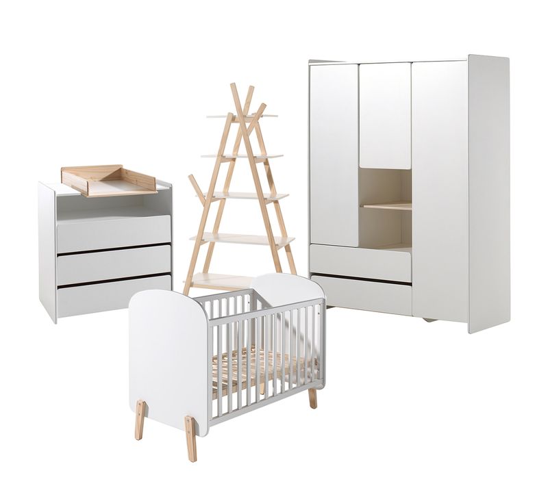 Lit Bébé 60x120 - Commode 3 Tiroirs - Armoire 3 Portes Et Bibliothèque Kiddy - Blanc