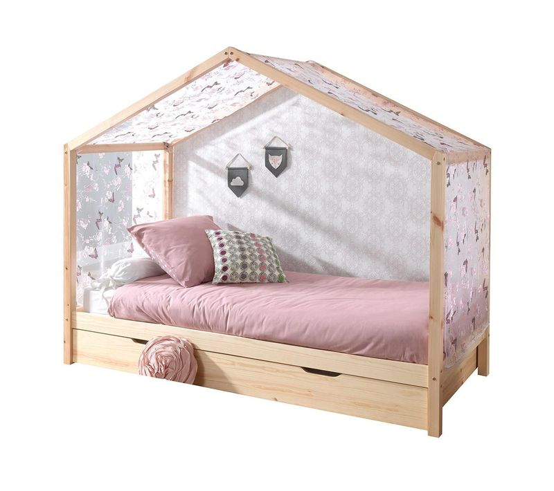 Pack Lit Cabane Enfant, Tiroir et Voile "dallas Ii" 90x200cm Naturel