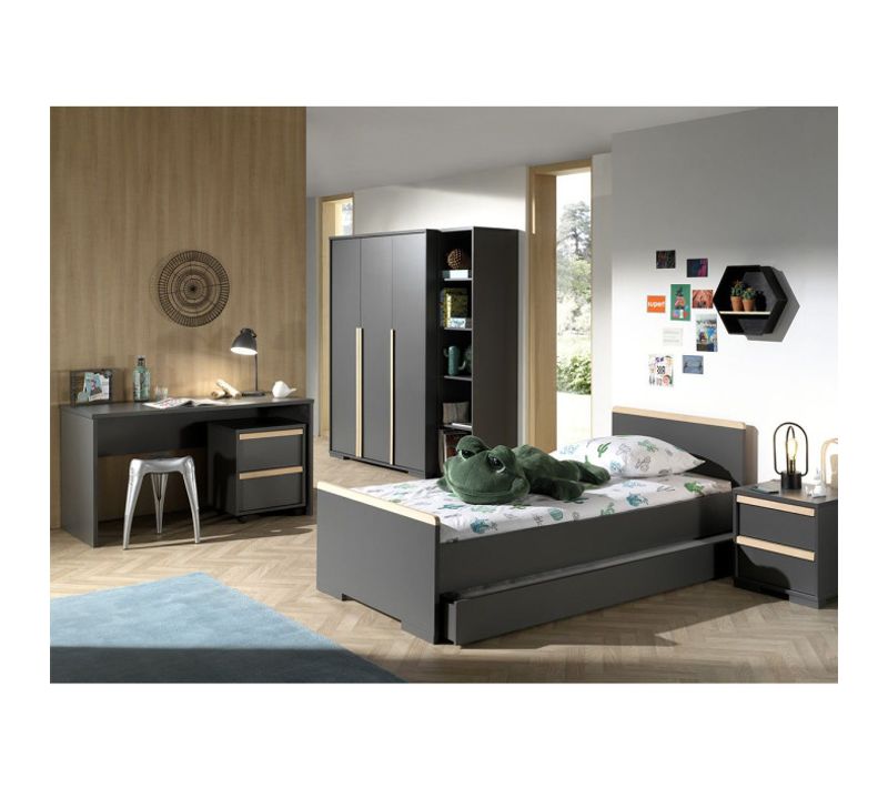 London Anthracite Lit 90x200 + Chevet + Armoire + Bureau + Caisson + Bibliothèque + Lit Gigogne