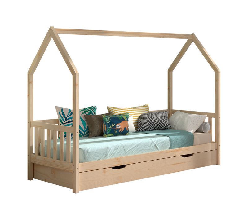 Maison-lit Home - 90x200cm - Avec Barrière - Avec Tiroir - Bois De Pin