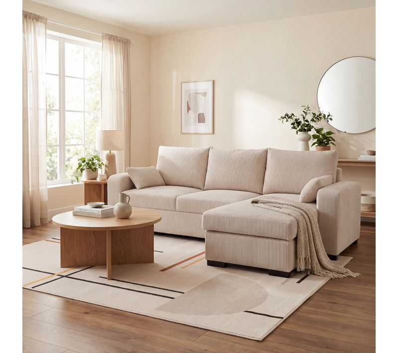 Velours Côtelé Angle Réversible Canapé Convertible Méridienne HARPER Beige L242 x P158 x H92 cm Réf. BUT-5609933176346