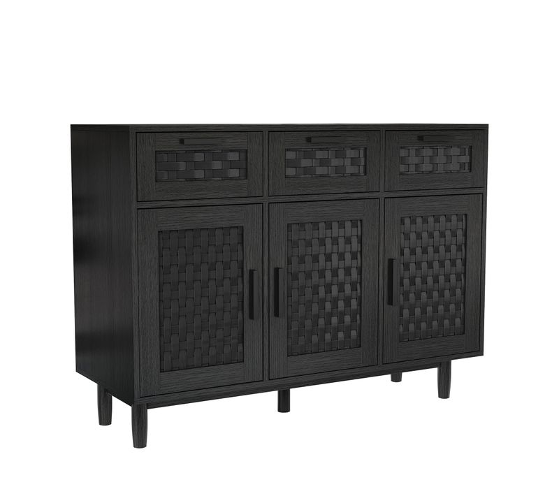 Buffet En Osier Avec 3 Tiroirs Et 3 Portes, 107,9 X 40 X 80 Cm, Espace De Rangement,noir