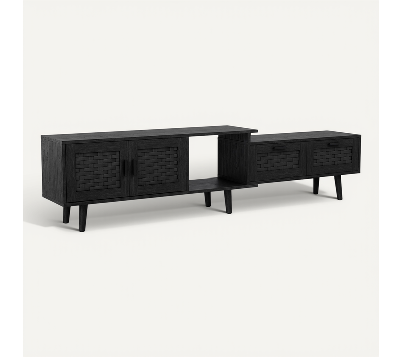 Meuble TV Extensible, Hauteur 146-180 Cm, Avec 2 Portes Et 2 Tiroirs, En Rotin Noir