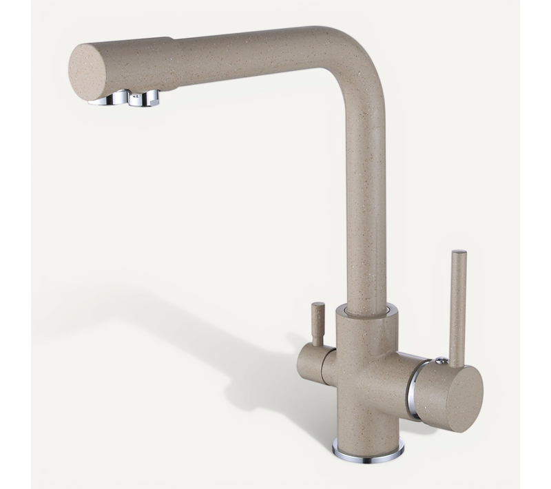 Robinet Cuisine Avec 2 Poignées Robinetterie Mitigeur Evier Eau Potable Eau Froide Et Chaude Beige