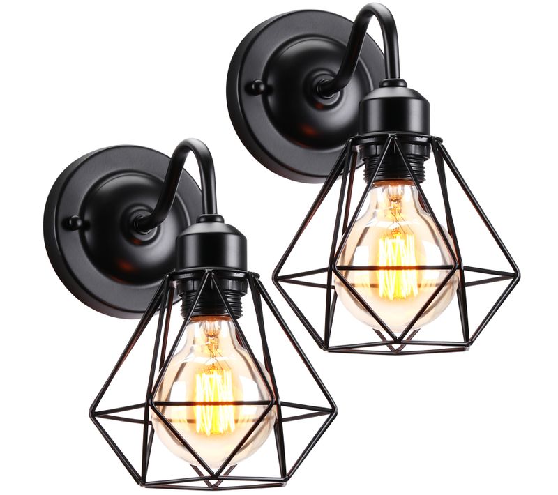Lot De 2 Applique Murale Industrielle E27 Lampe Abat-jour Vintage Luminaire Cage En Fer Noir