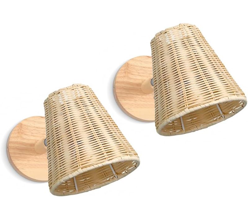 2 Pièces Applique Murale Intérieur E27 Lampe Mur Rotative Abat-jour Tressée Pour Salon Chambre Café