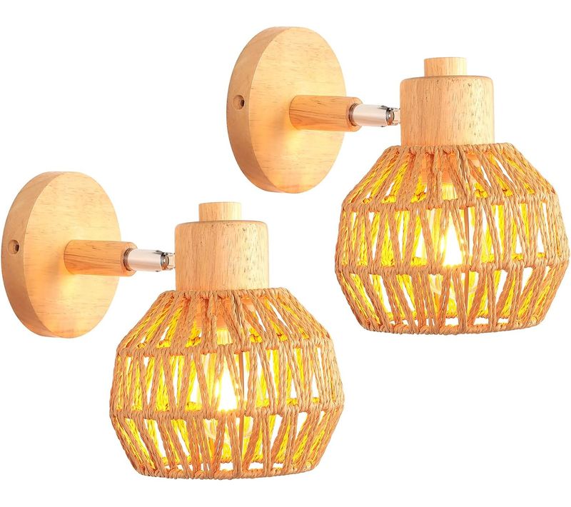 2 Pièces Applique Murale Réglable Vintage 15cm Lampe Interieur En Rotin Bois Plafonnier Marron