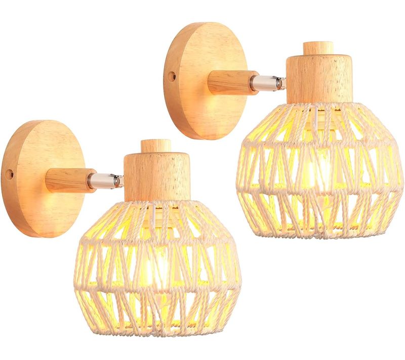 2 Pièces Applique Murale Réglable Vintage 15cm Lampe Murale Interieur En Rotin Bois Plafonnier Blanc