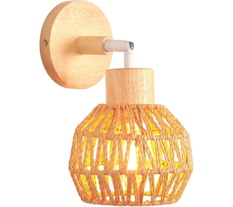 Applique Murale Interieur E27 Lampe Murale Vintage En Rotin Bois Plafonnier Réglable Marron