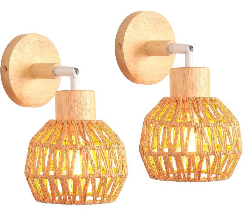 Lot De 2 Applique Murale Interieur Réglable E27 Lampe Murale Vintage En Rotin Bois Plafonnier Marron